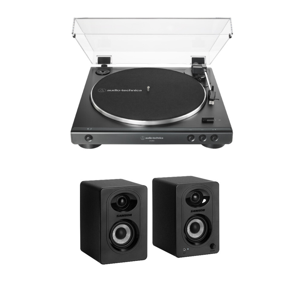 Audio-Technica ATLP60X Turntable Black Bundle with Bluetooth Monitors Pair
