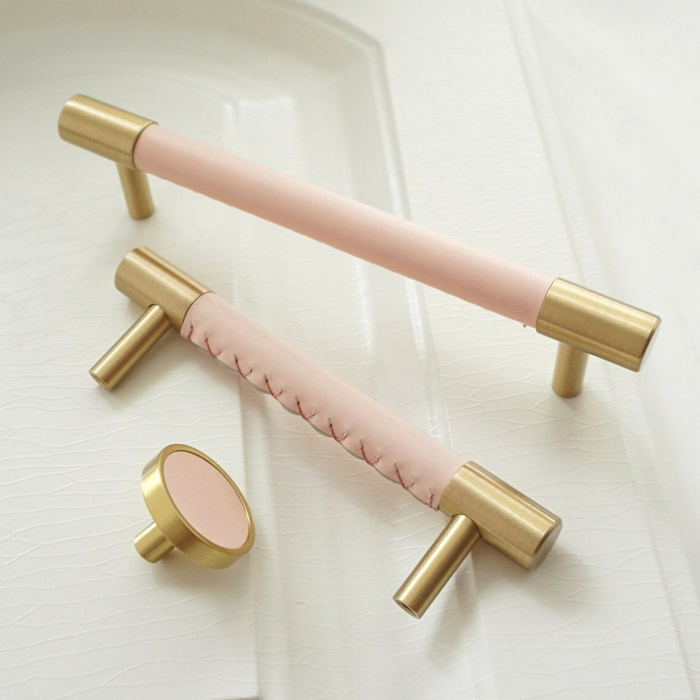 Pink Leather Cabinet Door Handles Dresser Drawer Knobs Pulls Solid Brass Pulls