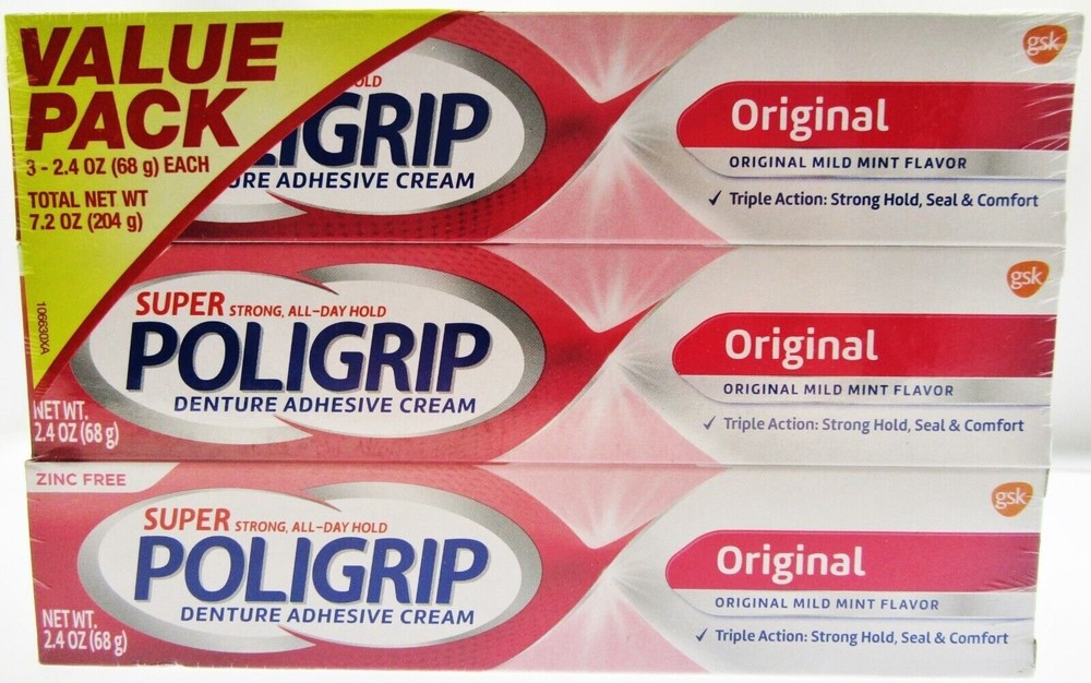 Super Poligrip Denture Adhesive Cream Original 3 PK false teeth tooth partial