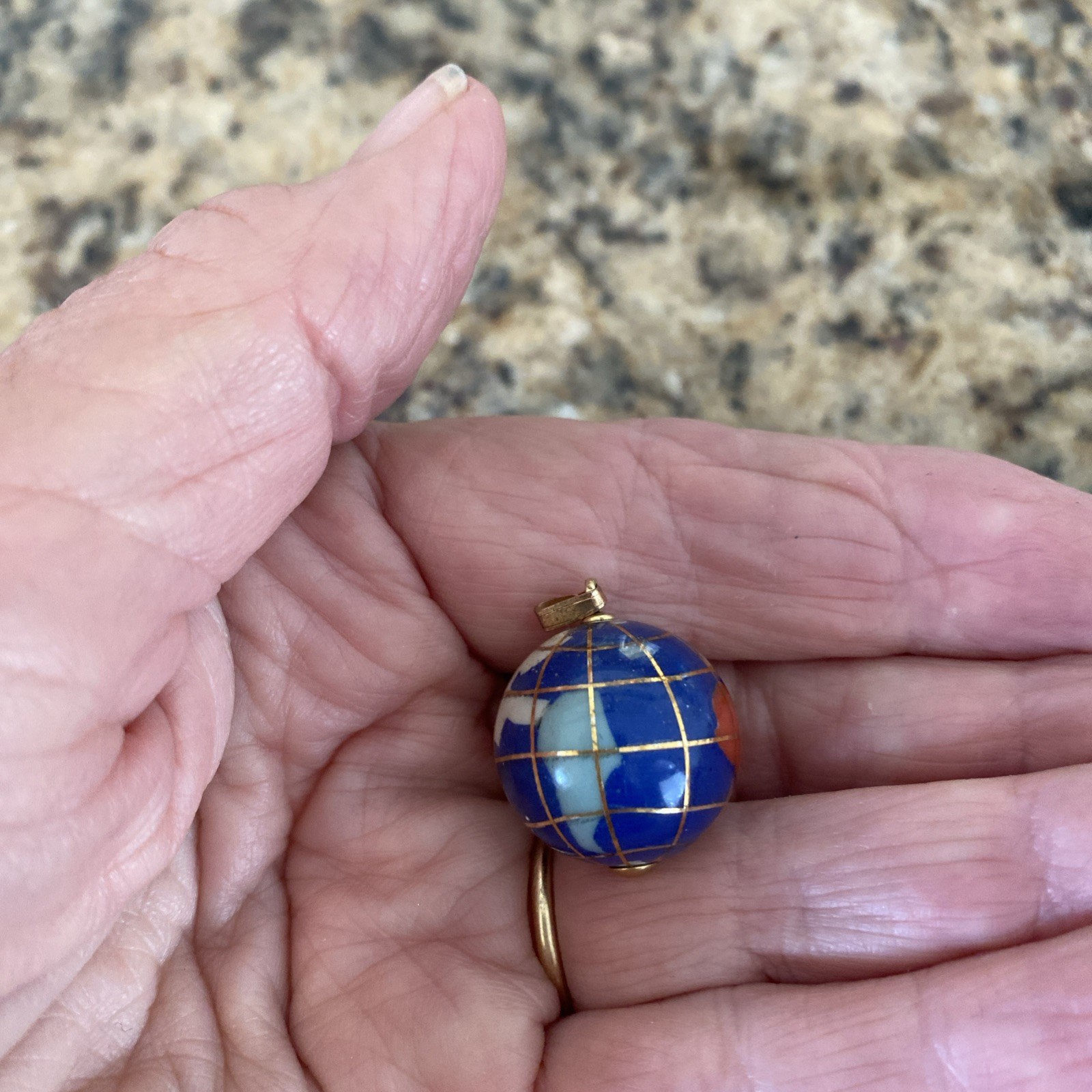 Vintage Yellow Gold Plated & Blue Enamel Globe Earth Dangle Charm Or Pendant