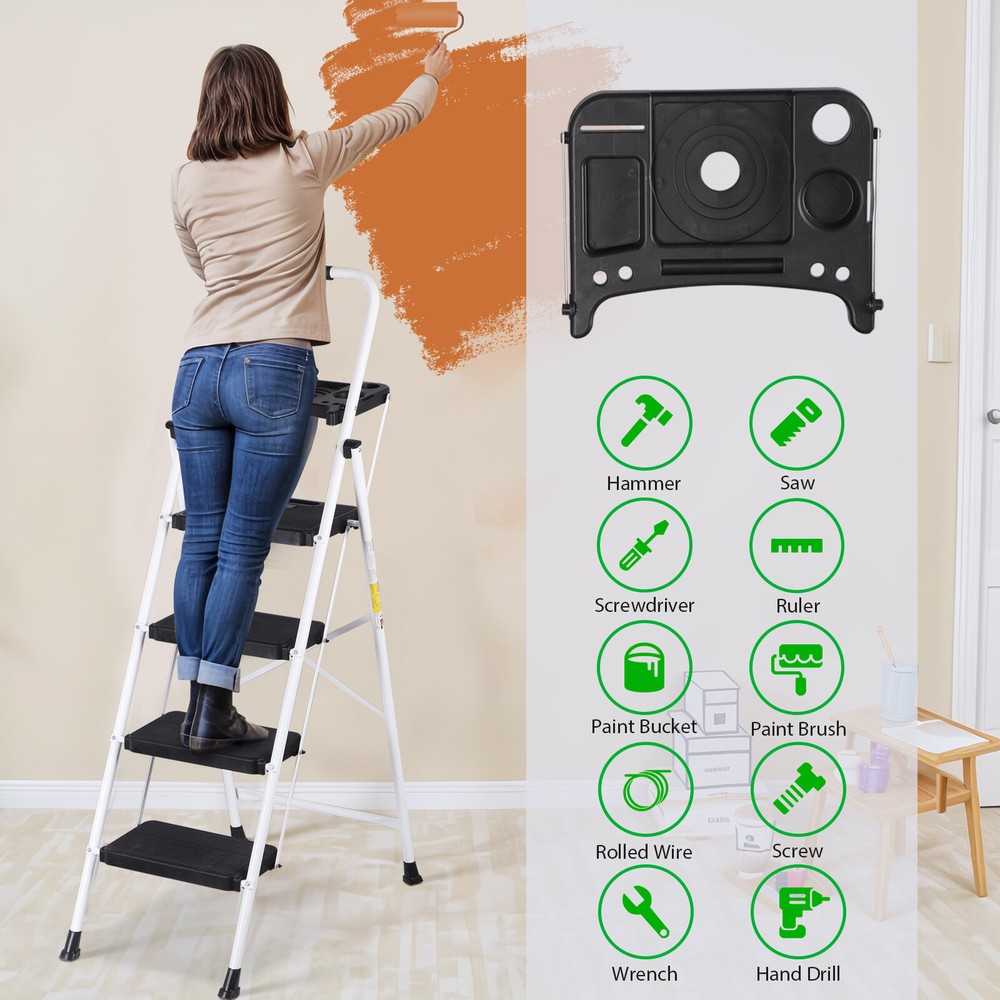 4 Step Ladder with Tool Platform Folding Step Stool with Anti-Slip Pedal White