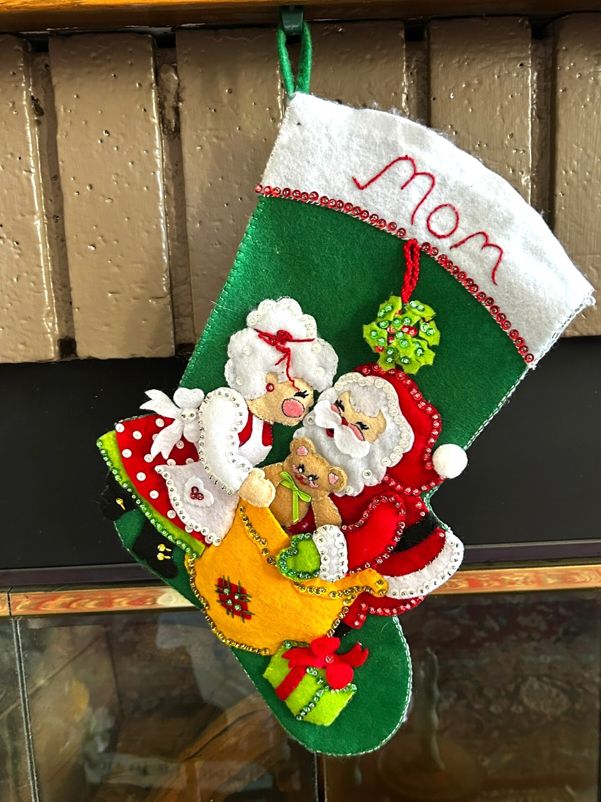Handmade Completed Bucilla Felt Applique Christmas Stocking MOM Mr. & Mrs. Claus