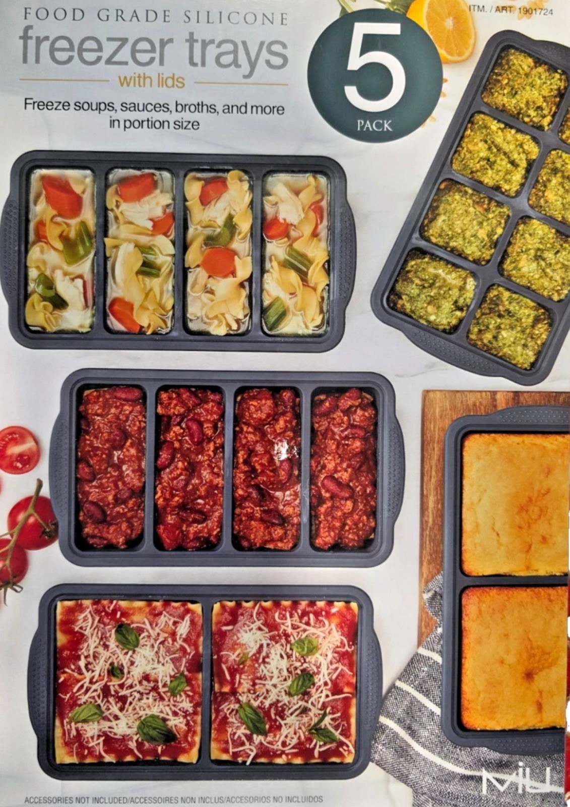 Food Grade Silicone Freezer Trays Green 5 Pack +Lids-Great For Meal Prep/Storage