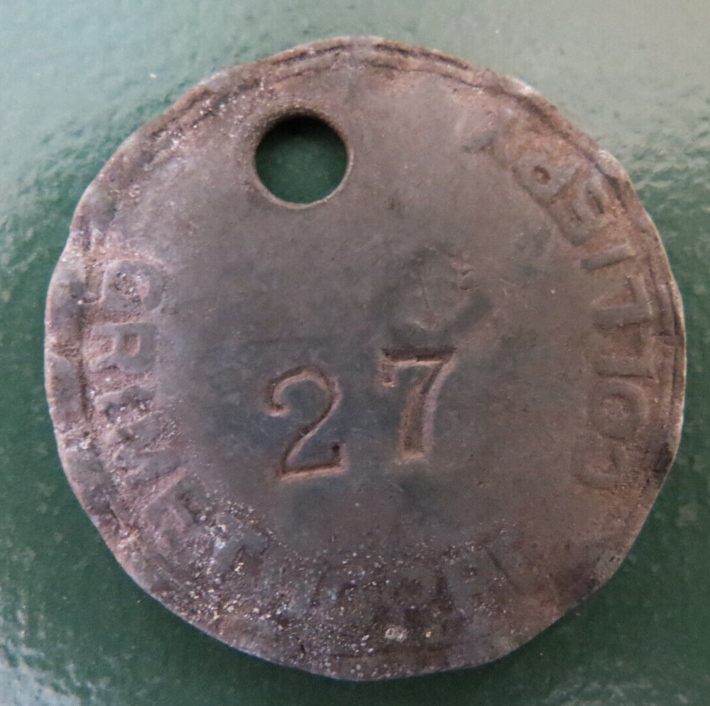 GRIMETHORPE Colliery Pit Check Tally - marked GRIMETHORPE COLLIERY 27