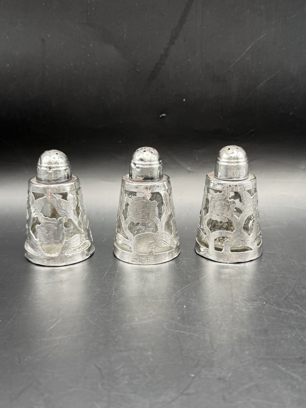 Vintage Mexican Sterling Silver Salt Pepper Shakers 925 HM Set 3