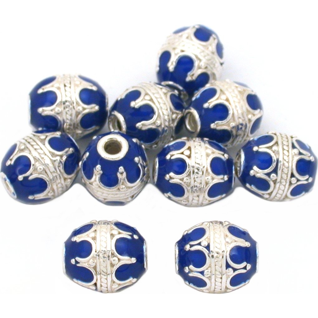 Blue Enamel Sterling Silver Oval Beads 8.5mm Approx 10