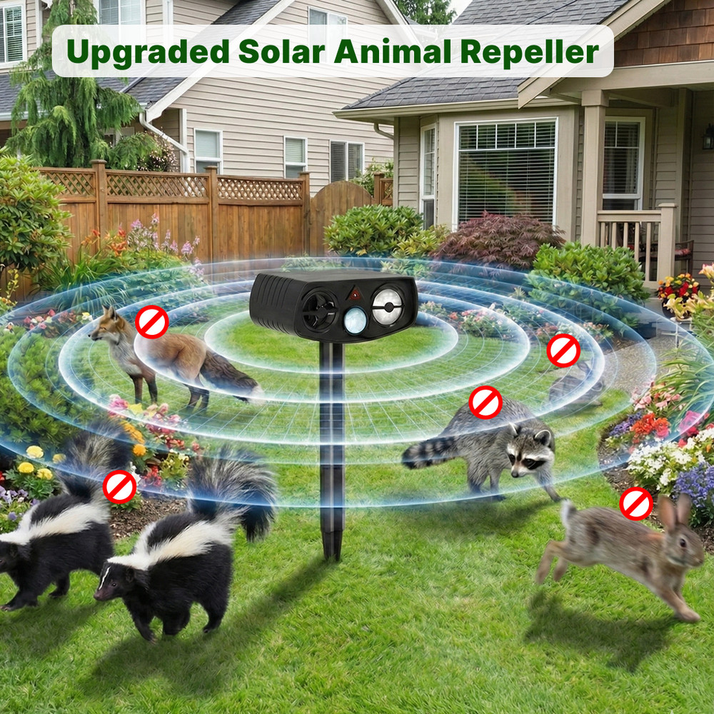 Solar Ultrasonic Animal Repeller w/ LED Strobe, Motion Sensor, 2 Pack