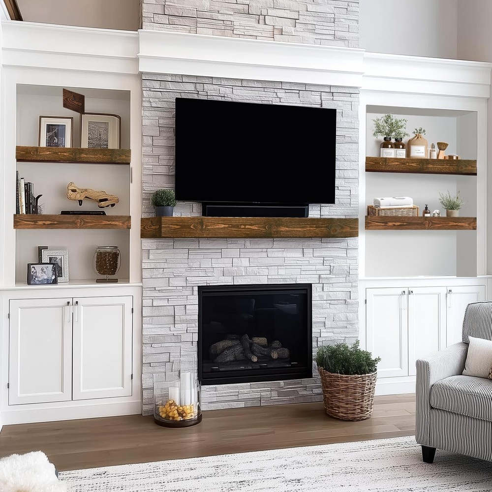 48x3x7in Solid Wood Floating Shelf – Brown Rustic Wall Mounted Fireplace M