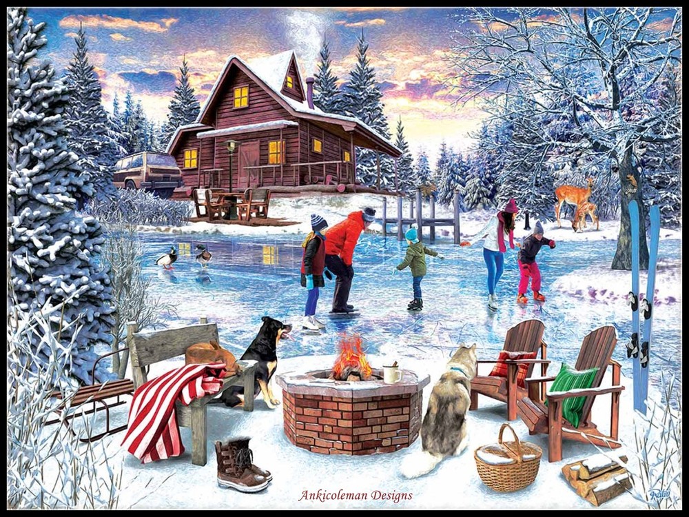 Fireside Skaters - DIY Chart Counted Cross Stitch Patterns Needlework DMC Color
