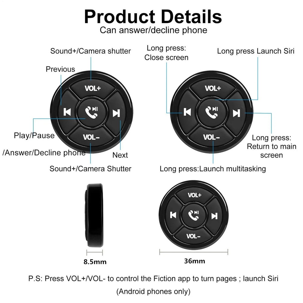 Bluetooth Wireless Media Button Car Steering Wheel Remote Control for Motorcycle