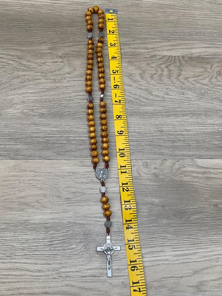 Saint St Benedict Wooden Rosary & Pouch Prayer Beads Crucifix Rosario San Benito
