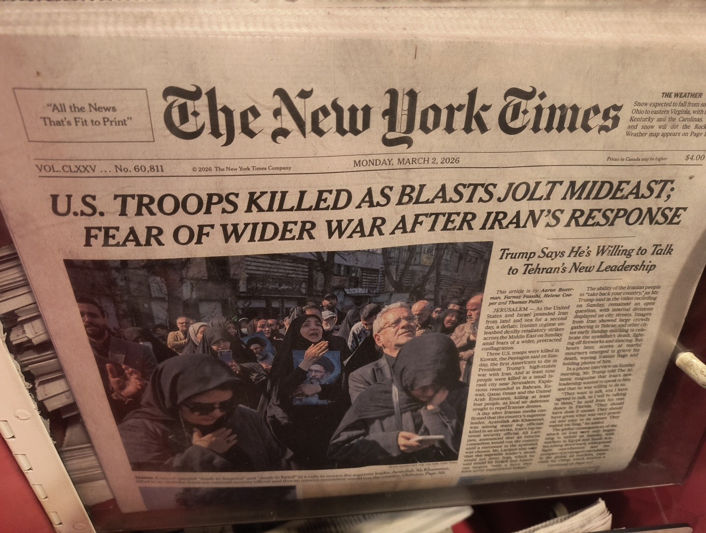 The New York Times Monday March 2nd 2026 U.S. TROOPS KILLED AS BLASTS JOLT...