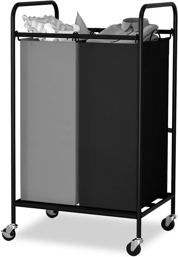 Double Compartment Rolling Laundry Basket w/ Durable Fabric Bags & Smooth Wheels