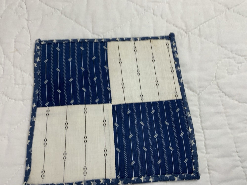 Antique Patchwork Quilt Table Topper, Square, Four Patch, Early Calicos, Blue