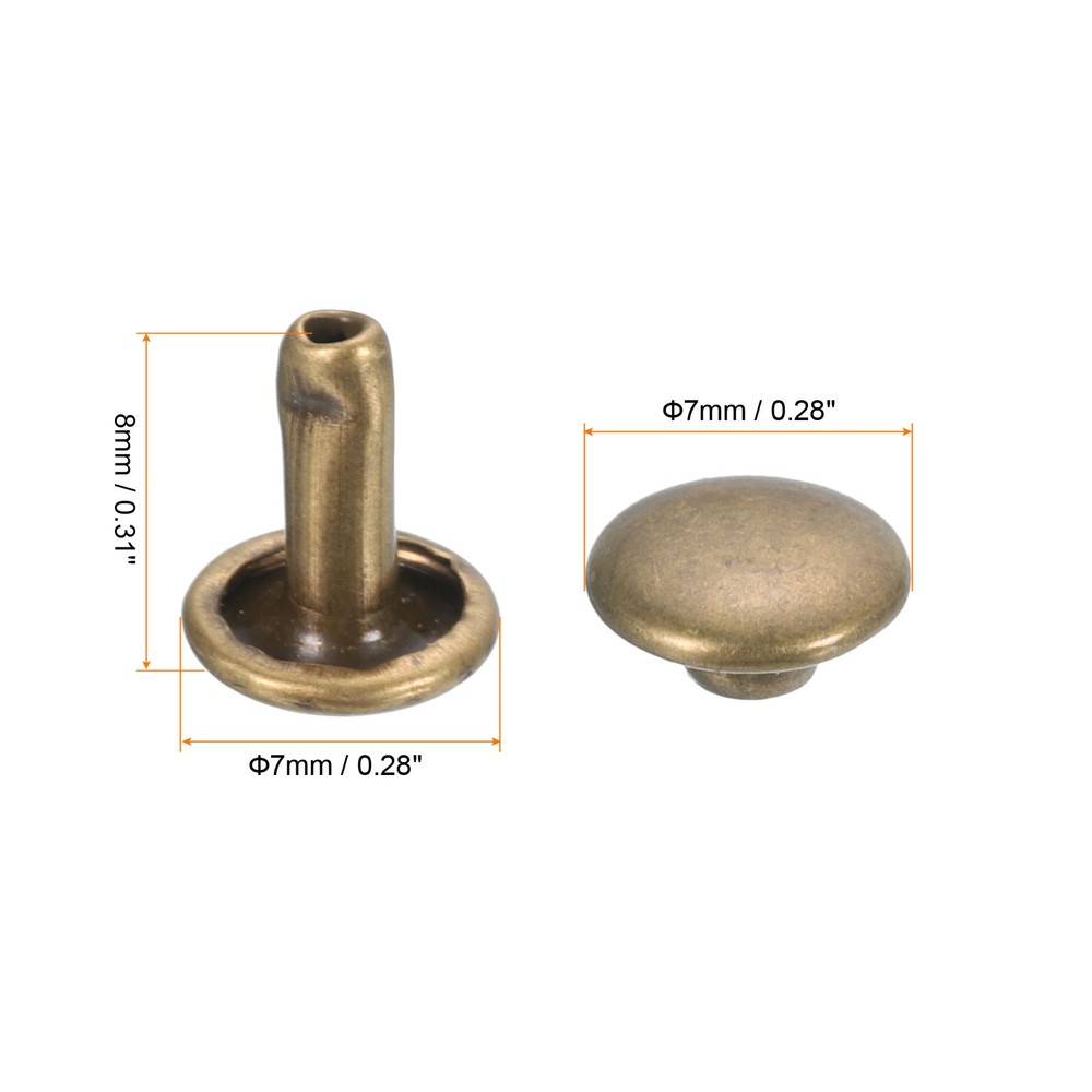 100 Sets Leather Rivets, 7x8mm Double Cap Rivets, Bronze Tone