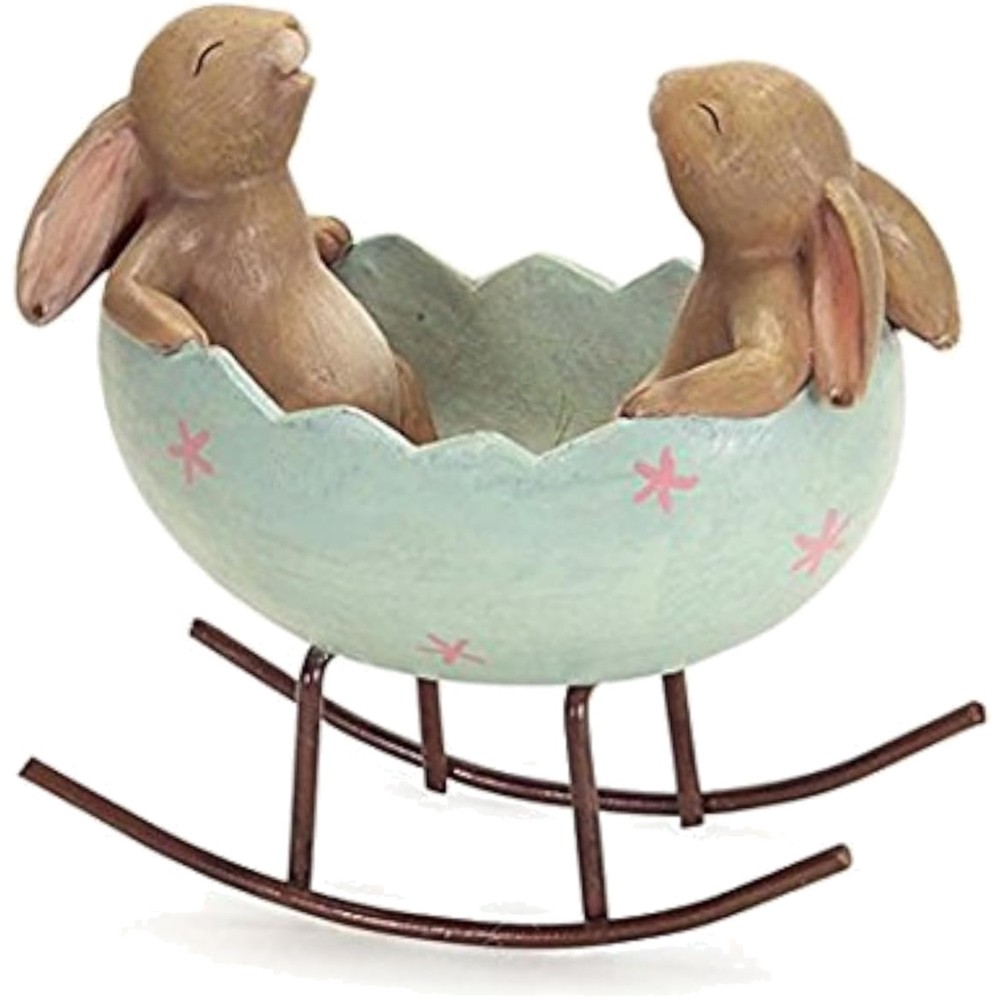 Laughing Bunny Rabbits Rocking in an Easter Egg Cradle Spring Easter Decorati...