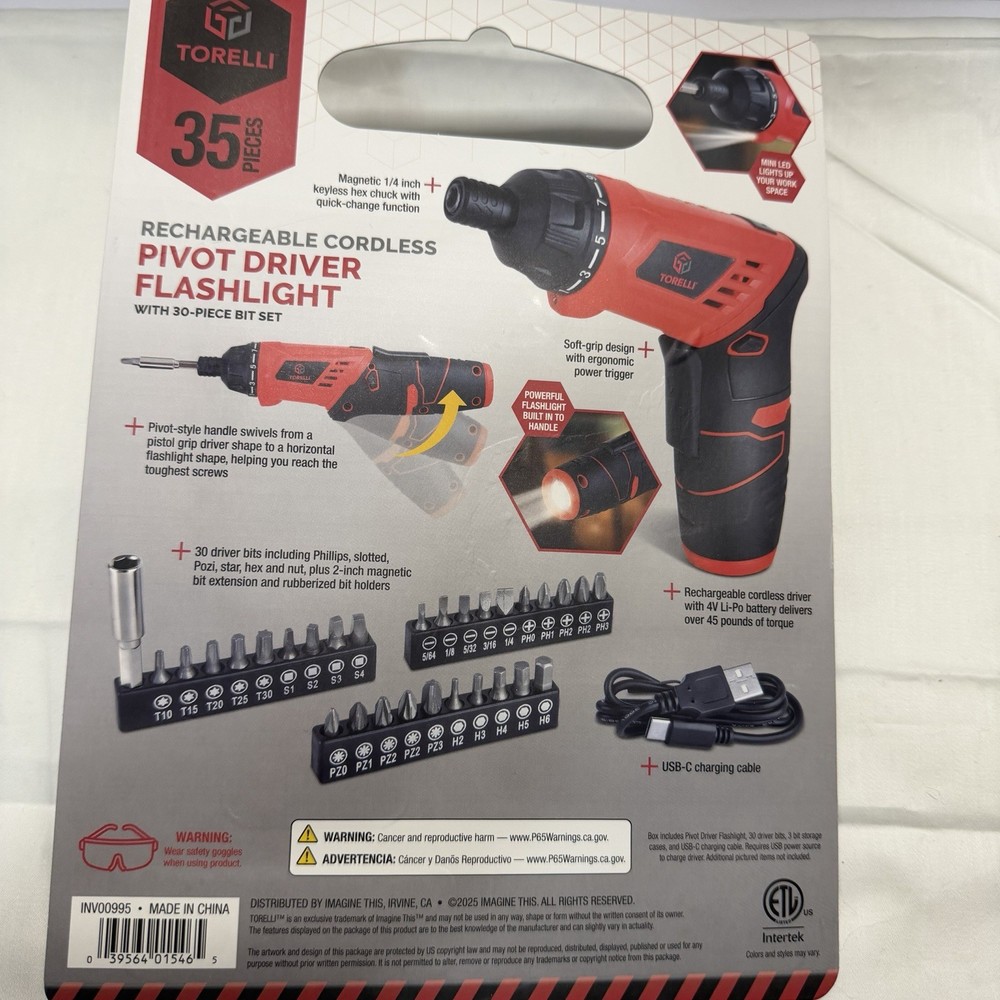 New Torelli Rechargeable Cordless Pivot Driver Flashlight with a 30-piece Bits