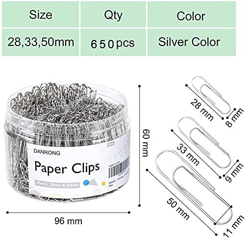 650 PCS Paper Clips Assorted Sizes, Small Medium and Large (1.1", 1.3" & 2"),