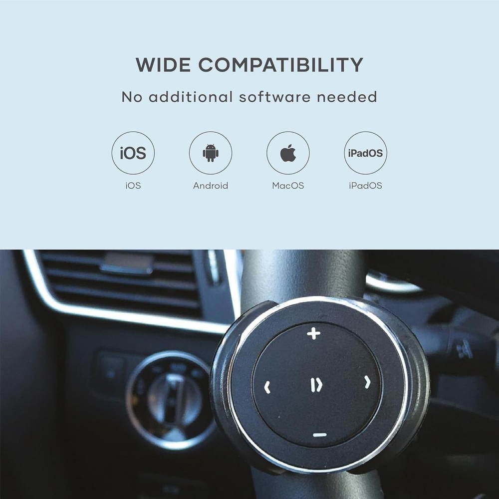 Bluetooth Media Button with Steering Wheel Mount, Wireless Music & Volume Contro