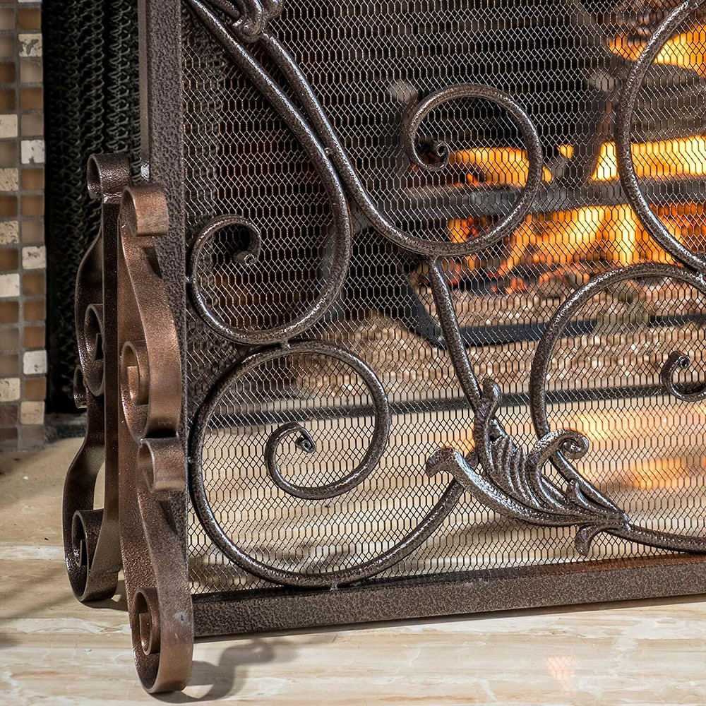 Black Gold Finish Fireplace Screen Panel Stand Wrought Iron Victorian Scrollwork