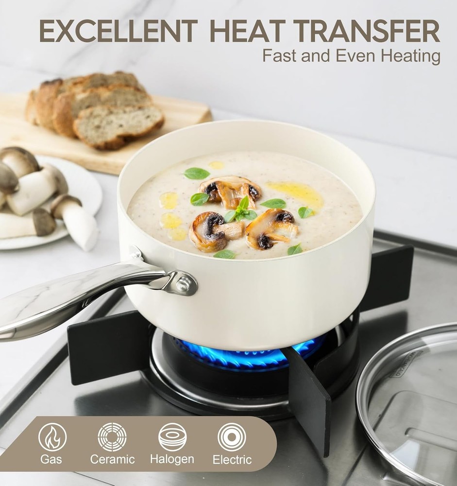 MICHELANGELO 3 Quart Saucepan with Lid, Induction 3 Quart, White