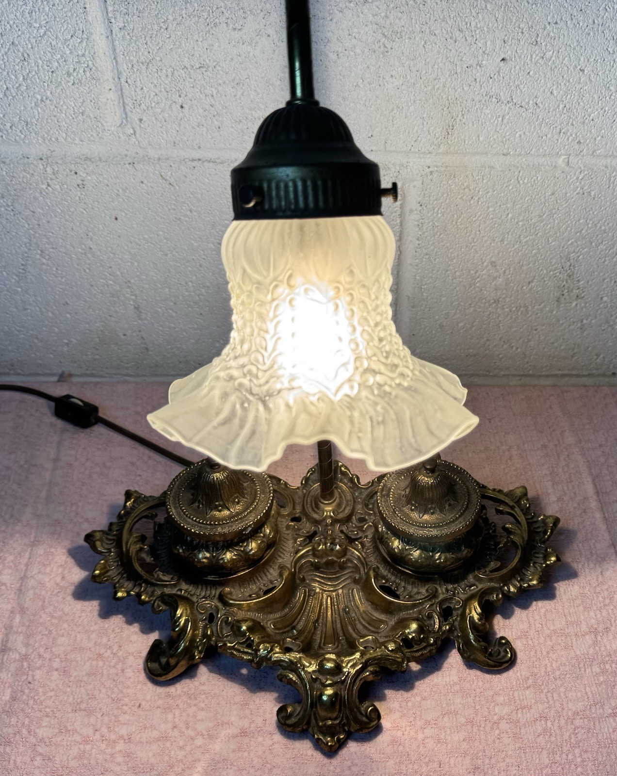 Antique Vintage Desk Light Lamp Double Ink Well Brass Victorian Art Nouveau