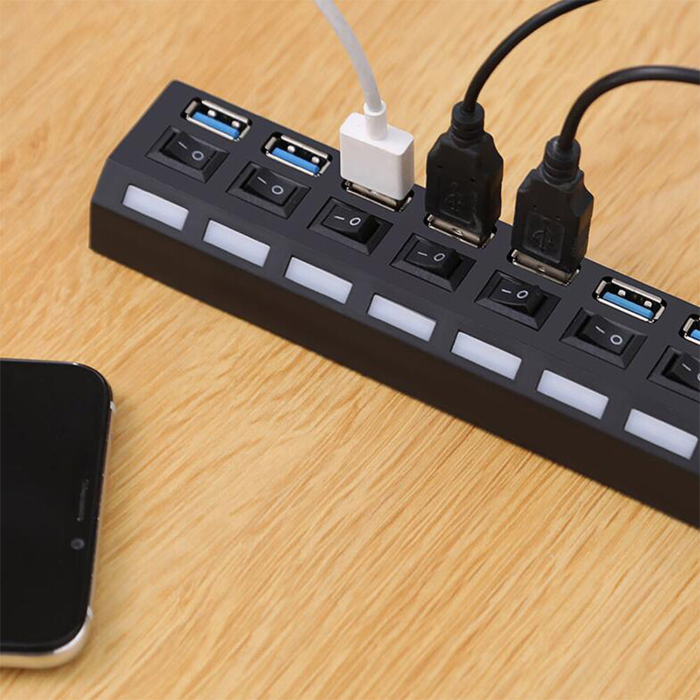 USB 3.0 Hub 7 Port On/Off Switch High Speed Splitter AC Adapter Cable PC Laptop