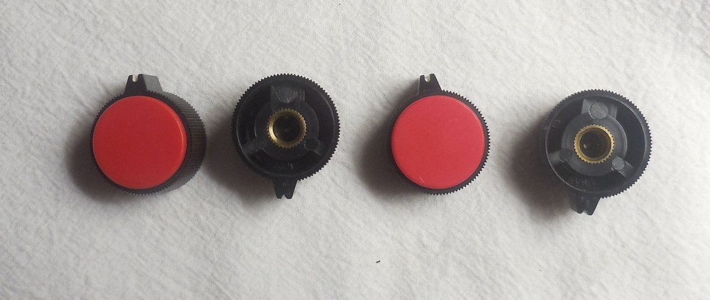Qty(4) USED Black & Red Plastic Electronic Knobs 1/4 Shaft