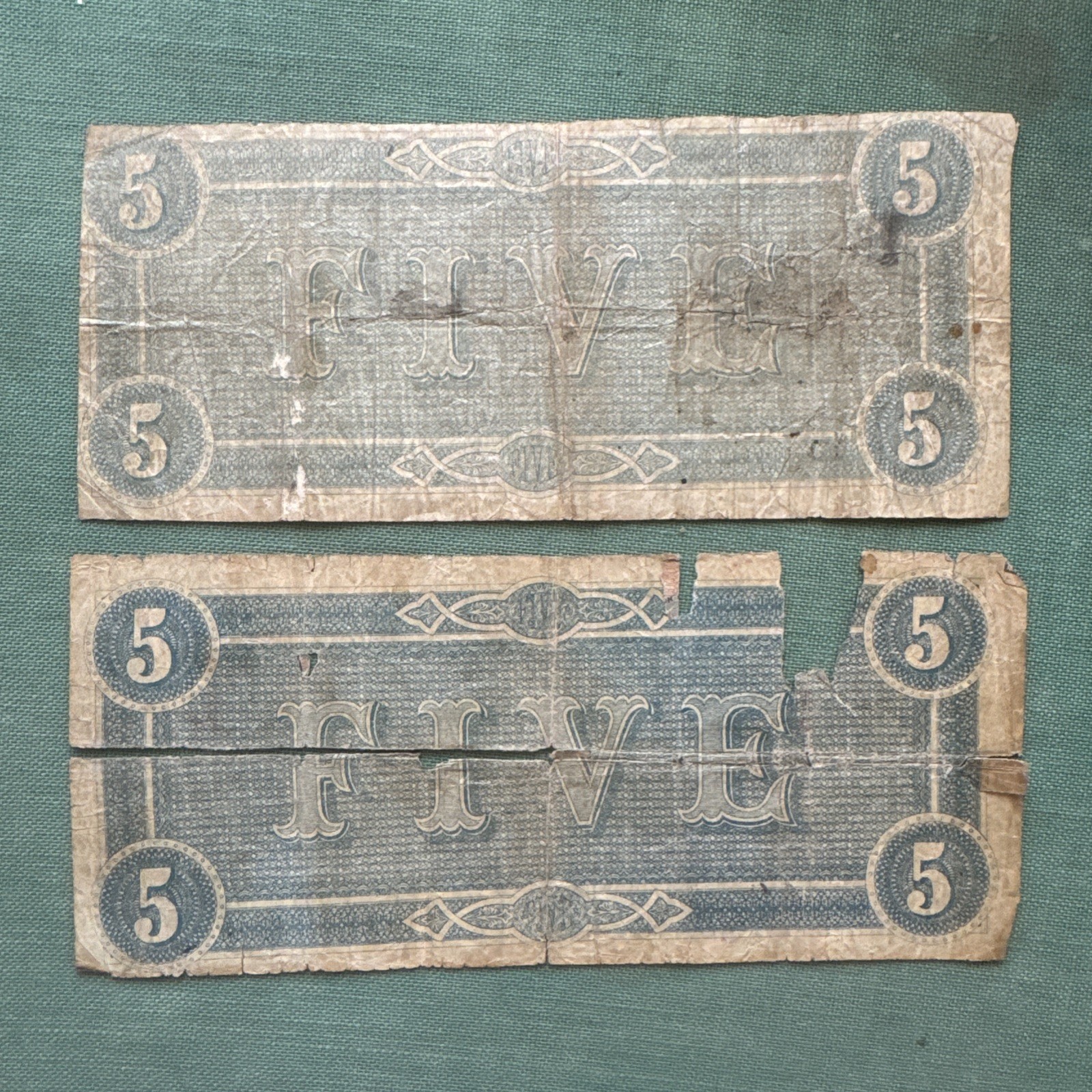 Pair of Poor Confederate States of America $5.00 Notes