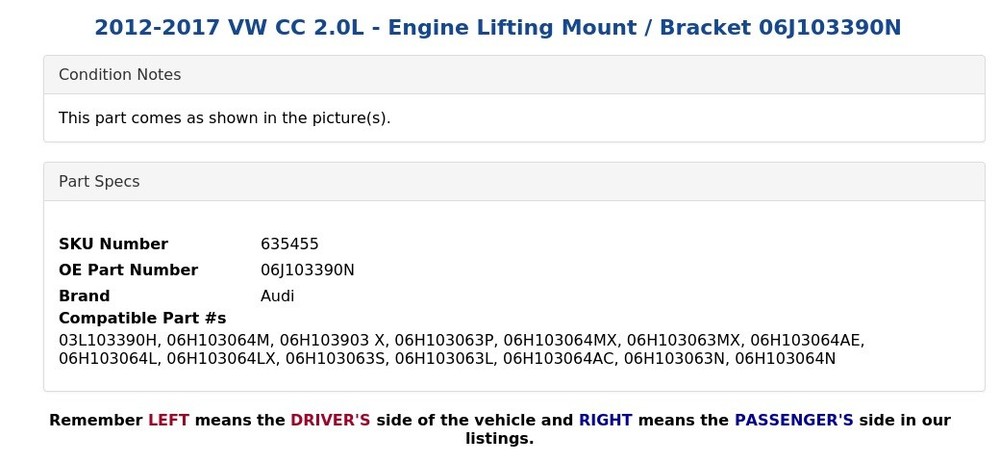 2012-2017 VW CC 2.0L - Engine Lifting Mount / Bracket 06J103390N