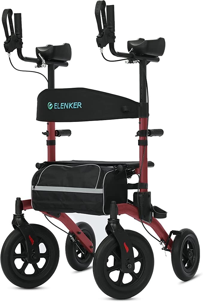 2026 ELENKER All-Terrain Upright Walker, Stand up Rolling Walker with Seat RED