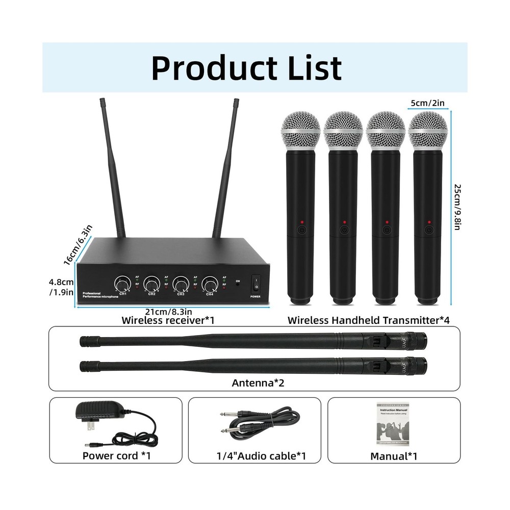 Wireless Microphone System, 4-Channel Wireless Mic with 4 Handhelds Dynamic M...
