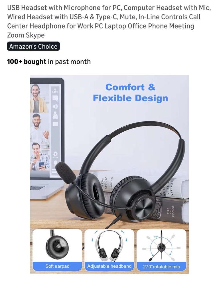 USB Headset with Microphone Wired PC Headphones USB-A USB-C Controls
