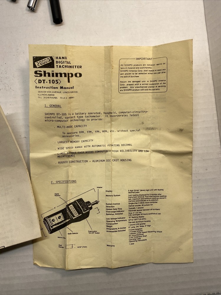 SHIMPO DT-105 Tachometer with case Untested