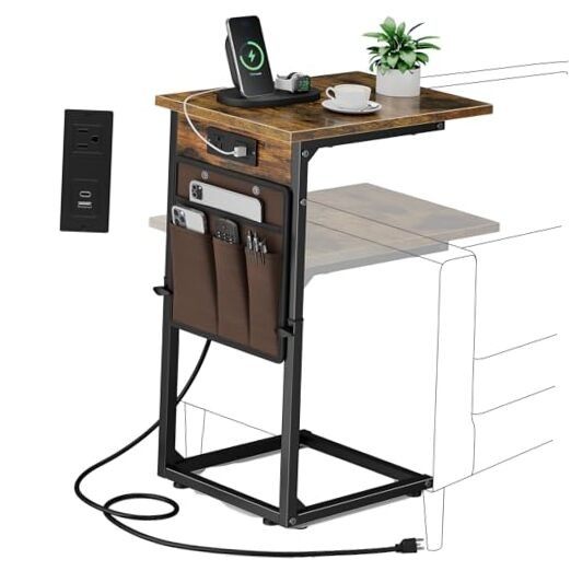 C Shaped End Table with Charging Station, Adjustable Rustic Brown With Plug