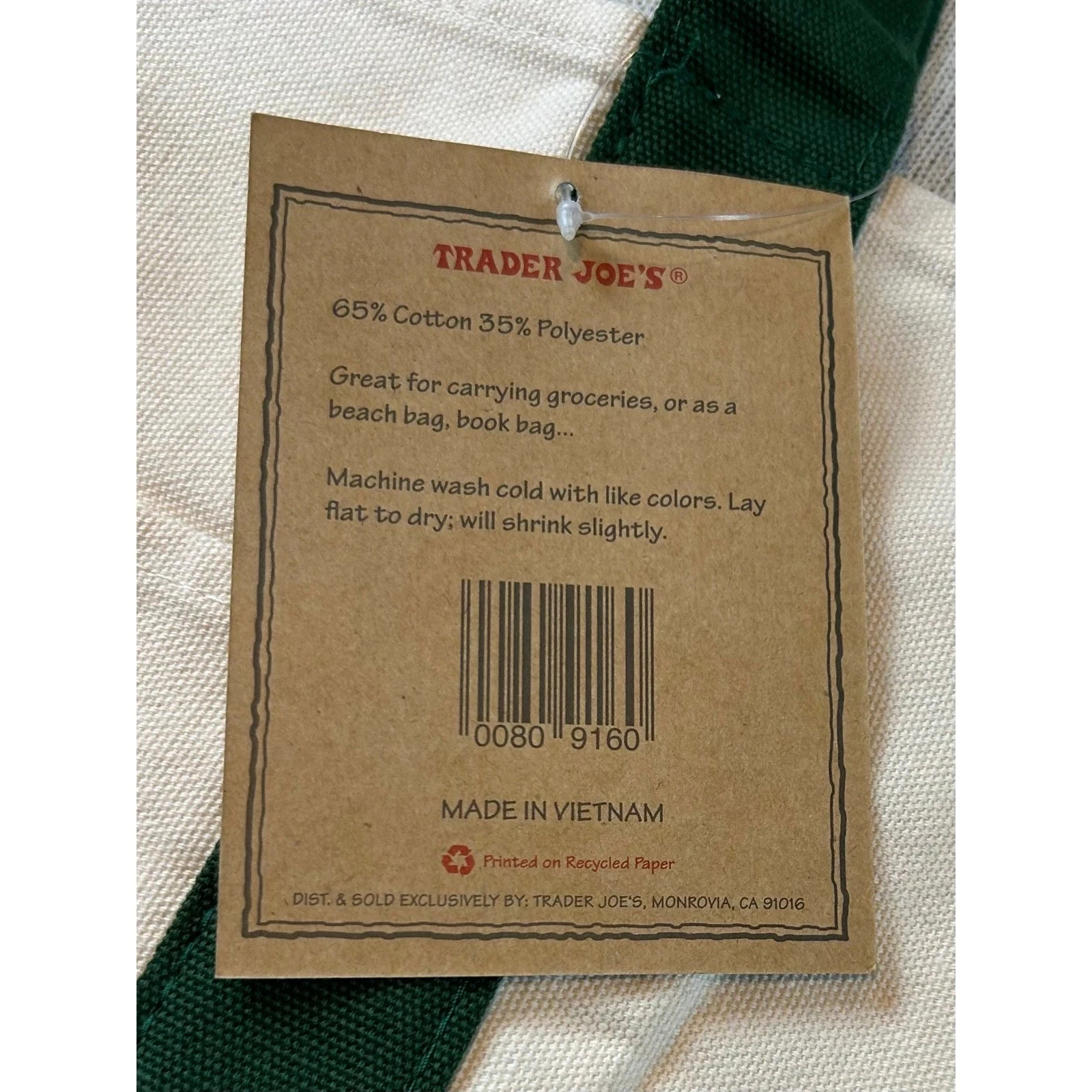 Trader Joe’s 2025 Christmas Green LARGE Canvas Shopping Bag, Off White
