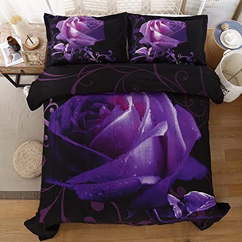 Purple Comforter Set Reversible Purple Rose Pattern Printed Bedding Down Queen