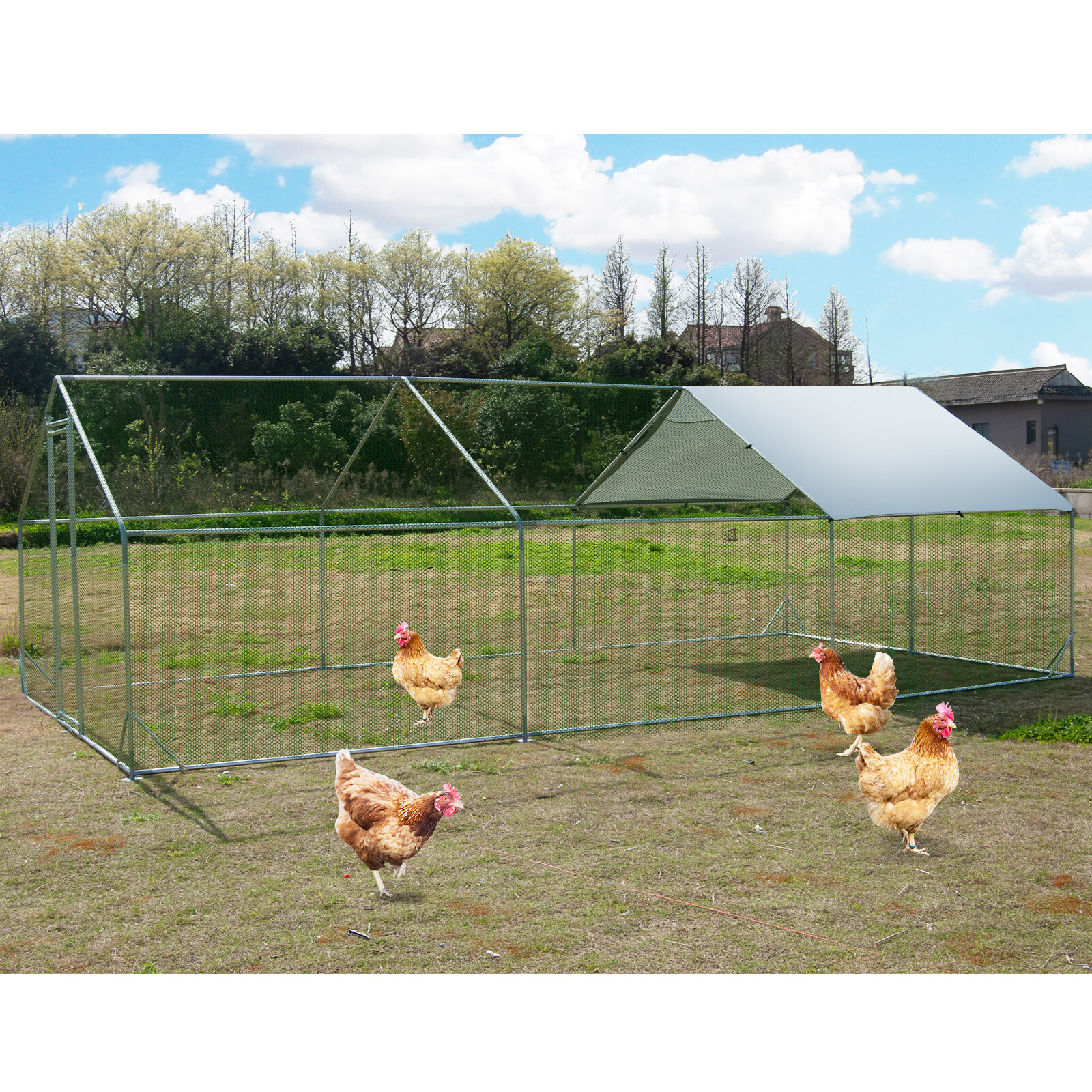 Large Metal Chicken Coop, Walk-in Poultry Cage Galvanized Hen Playpen House