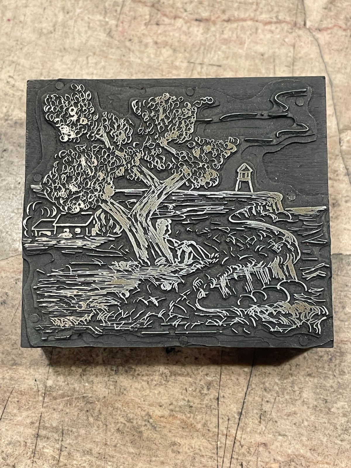 Printing Letterpress Printers Block Coastal Scene Tree Lighthouse Home (1583)