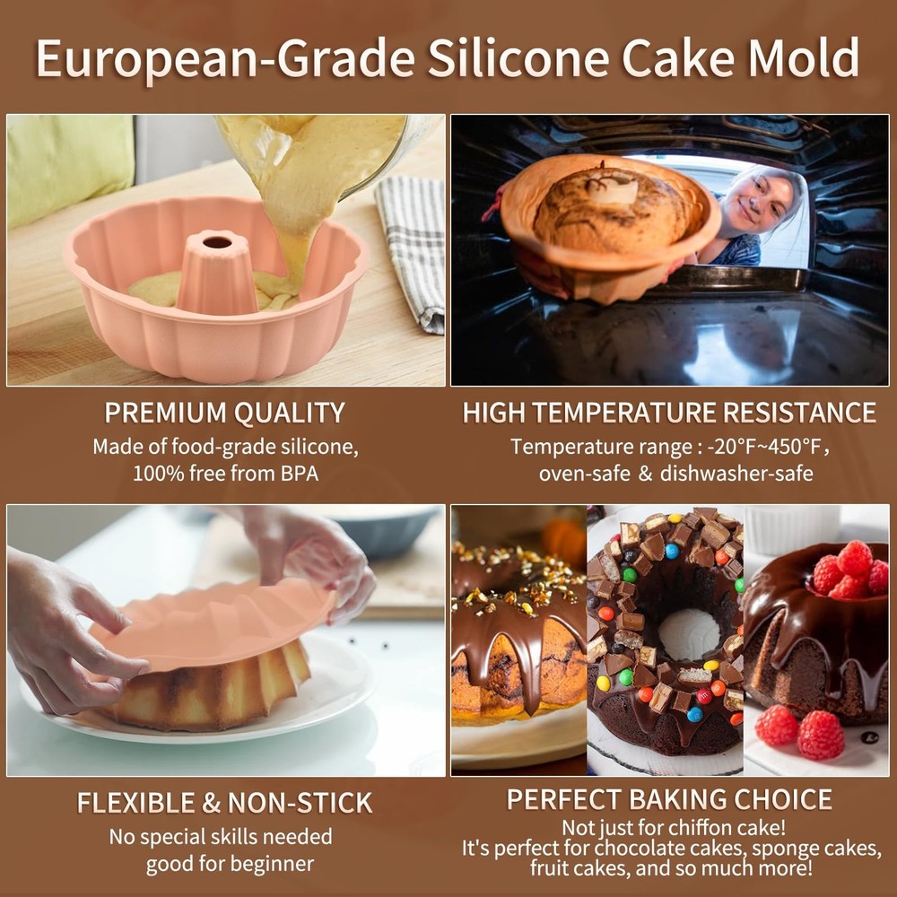 PADELE 2 Pack Silicone Cake Pan Nonstick,10 Inch, large, pink+bule