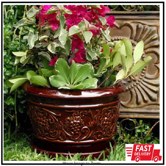 8 In. Dia Brown Rustic Damask Ceramic Planter