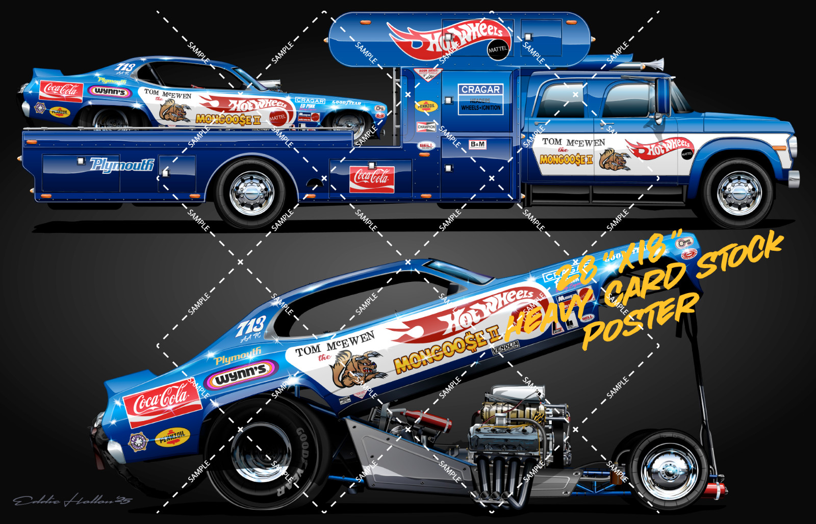 Set of 5 Snake & Mongoose I & II Funny Car & Hauler 28X18" Poster 022-026
