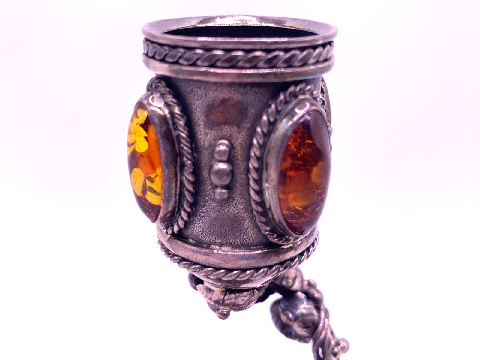 Rare Sterling Silver Candle stick Holder with Baltic Amber Cabochons 88g Poland