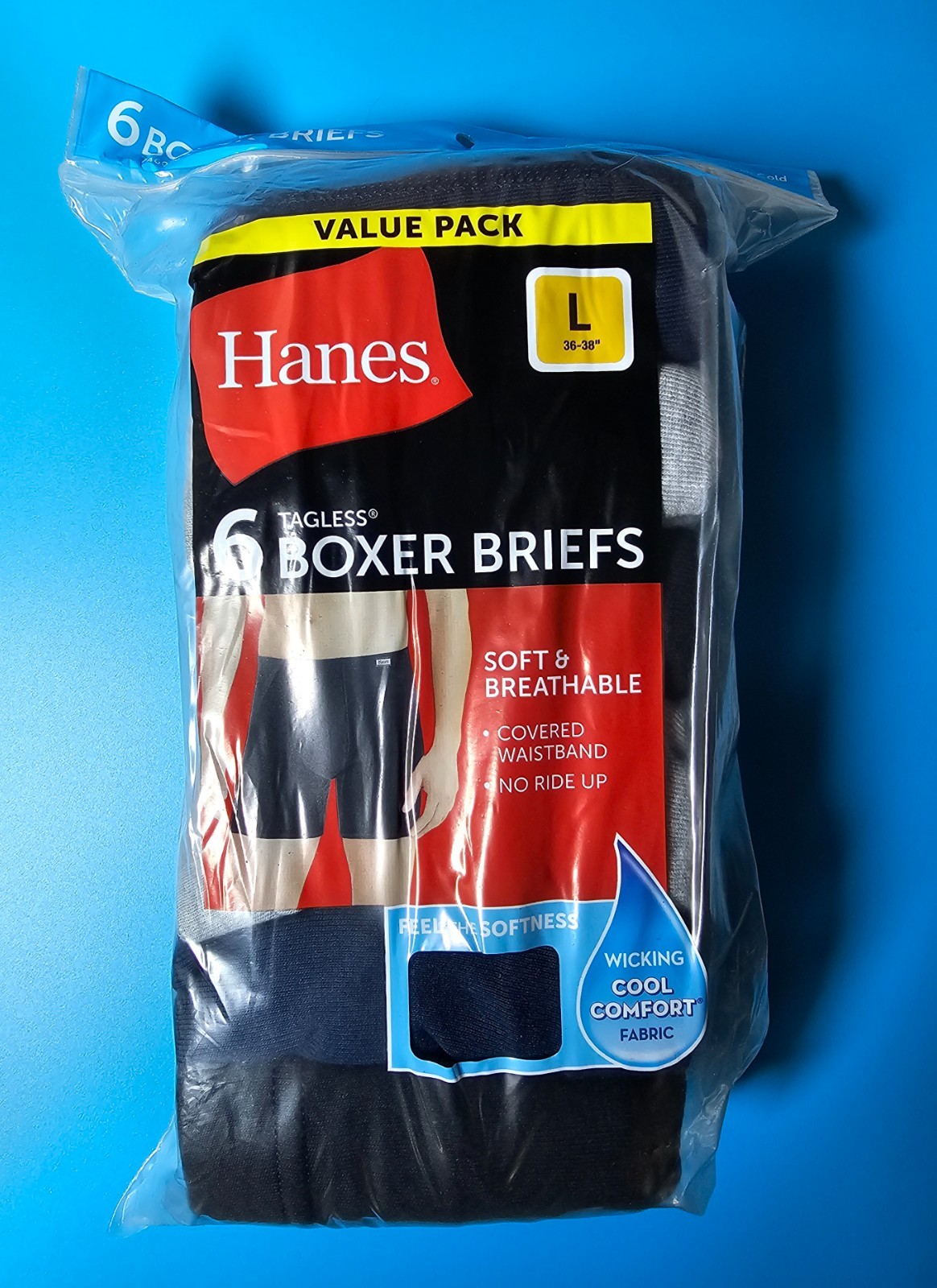 Hanes Tagless 6 Pack Boxer Briefs Wicking Cool Comfort, Blue/Gray/Black, Size L