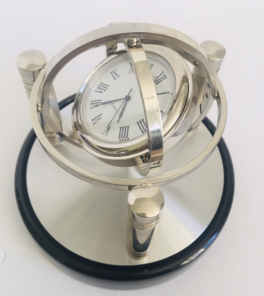 Spinning Gyro Silver Tone Quartz Desk Table Clock Unique
