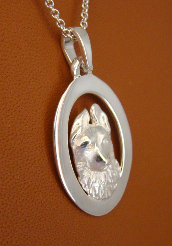 Sterling Silver German Shepherd Puppy Head Study On A Vertical Oval Frame
