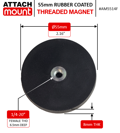 55mm Threaded Magnet Female Threaded 1/4"-20 Rubber Coated