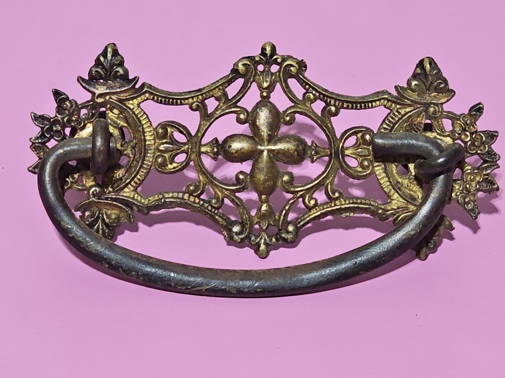 Beautiful Antique Victorian Era Brass Drawer Pulls, KB Co Knobs, Key Back Plates