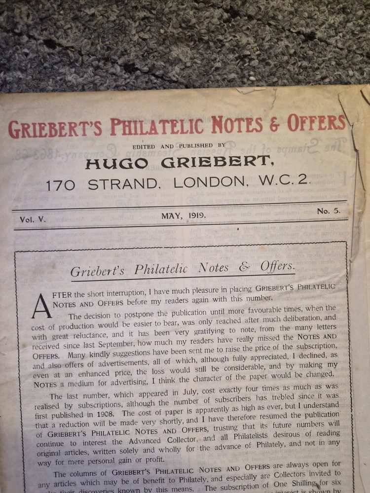 2 stamp publications.Hugo Griebert: Philatelic notes & offers . Sept & May 1919