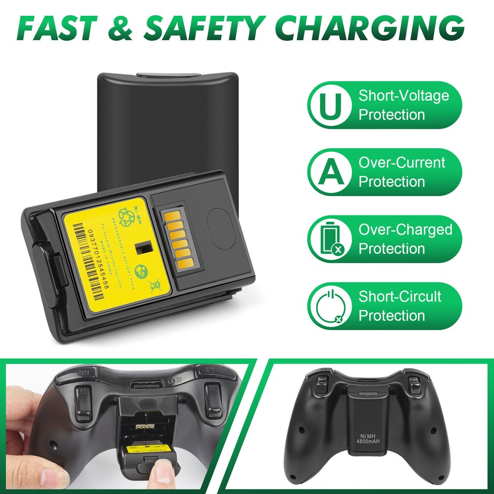 2 Battery Pack For Microsoft Xbox 360 Wireless Controller + USB Charging Cable